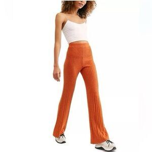 Free People Keep It Real Flare Ribbed Knit Pants Orange Stretch Retro Chic Sz XS